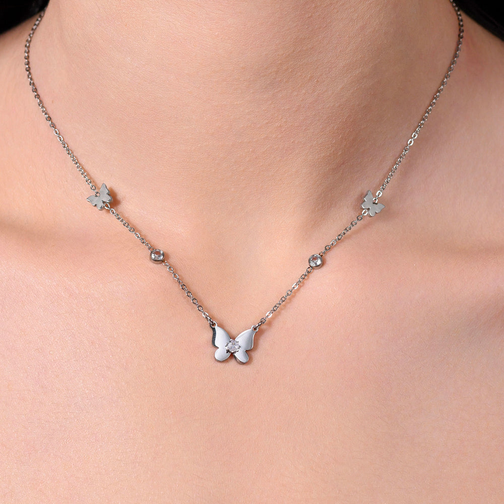 WOMEN'S STEEL BUTTERFLY AND CUBIC ZIRCONIA NECKLACE