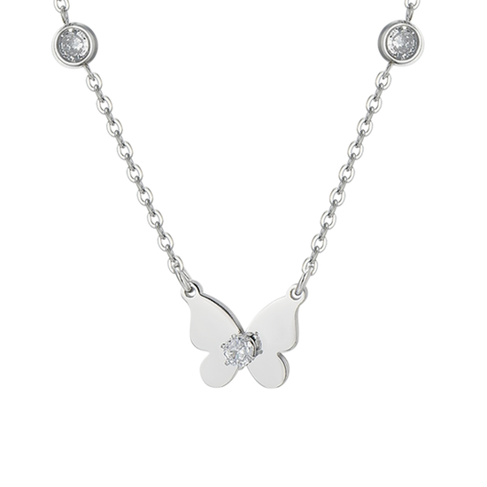 WOMEN'S STEEL BUTTERFLY AND CUBIC ZIRCONIA NECKLACE