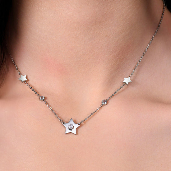 WOMEN'S STEEL STARS AND CUBIC ZIRCONIA NECKLACE