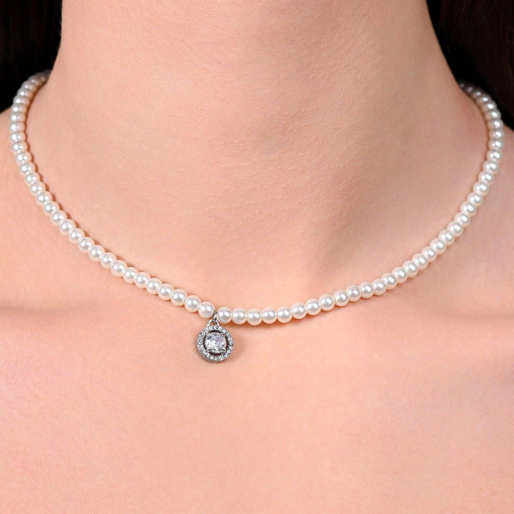 STEEL PEARLS AND WHITE CUBIC ZIRCONIA WOMEN'S NECKLACE