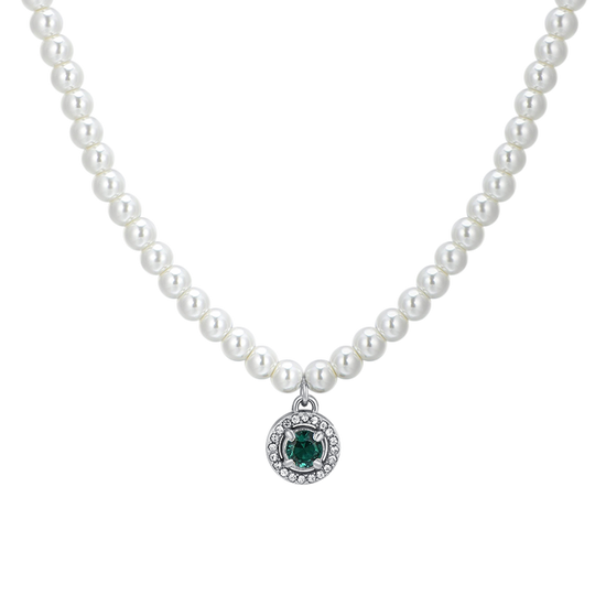 WOMEN'S STEEL PEARL AND GREEN CUBIC ZIRCON NECKLACE