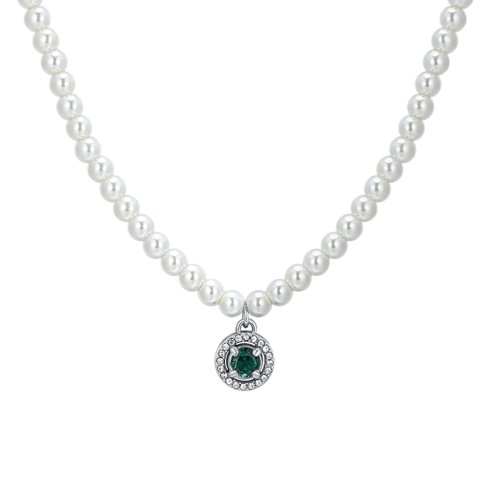 WOMEN'S STEEL PEARL AND GREEN CUBIC ZIRCON NECKLACE