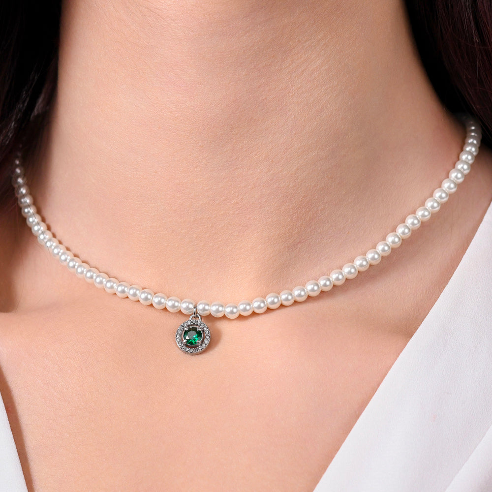 WOMEN'S STEEL PEARL AND GREEN CUBIC ZIRCON NECKLACE