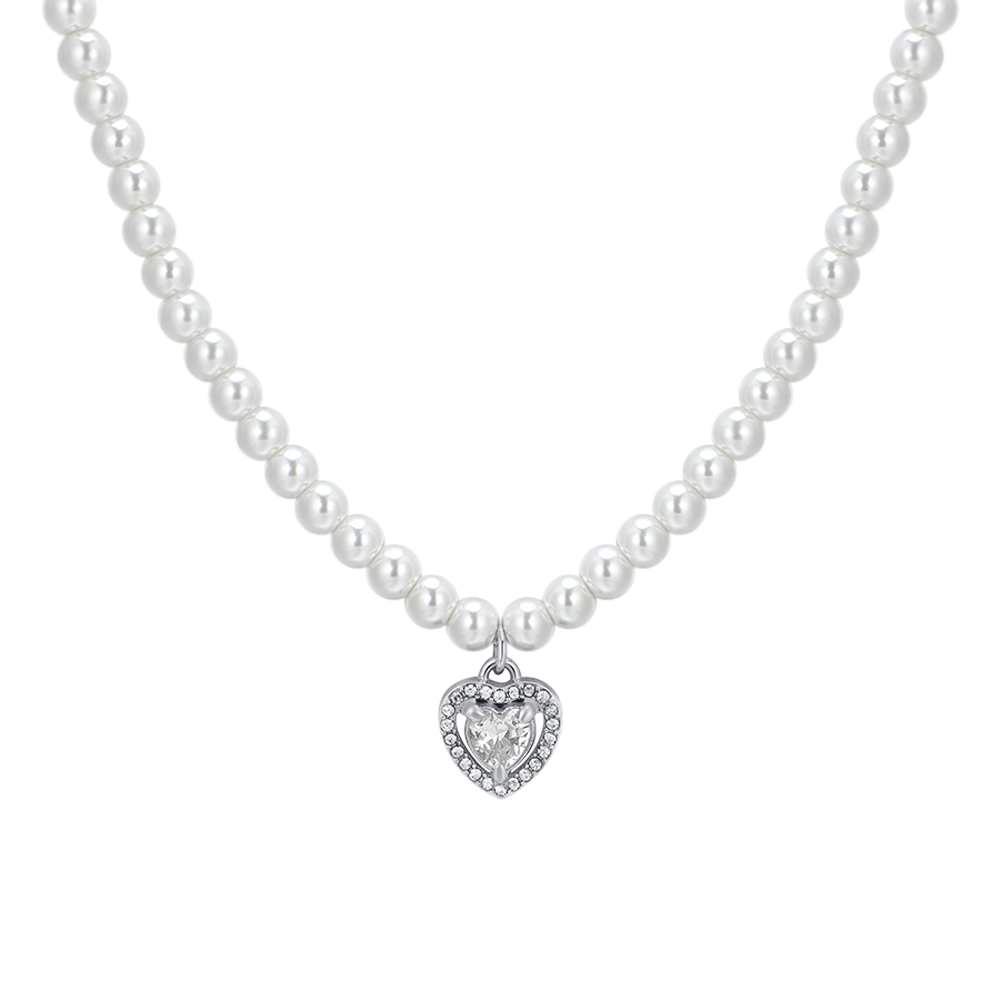 WOMEN'S STEEL PEARL AND WHITE ZIRCON HEART NECKLACE