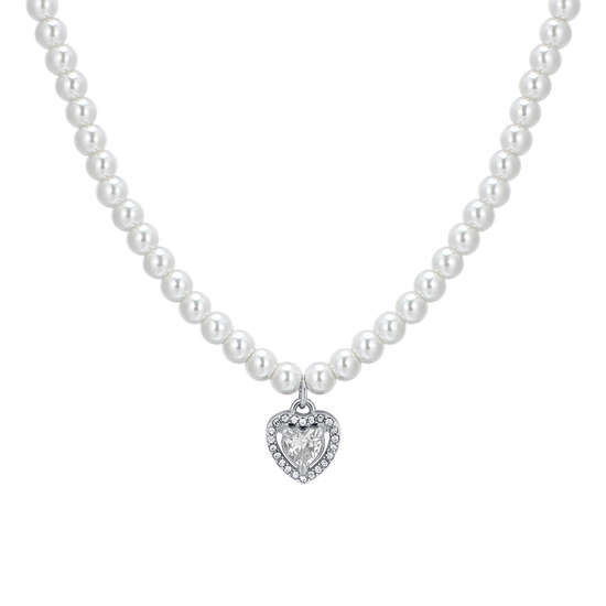 WOMEN'S STEEL PEARL AND WHITE ZIRCON HEART NECKLACE