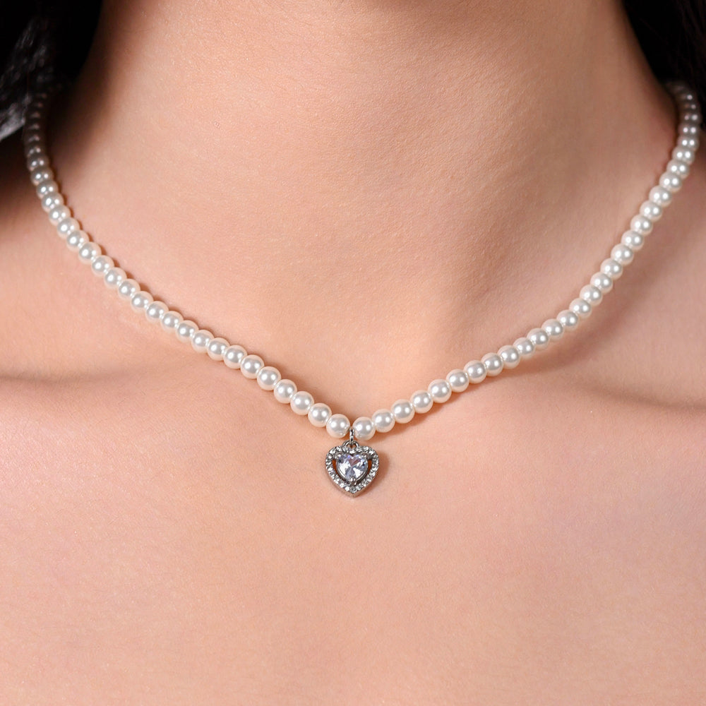 WOMEN'S STEEL PEARL AND WHITE ZIRCON HEART NECKLACE