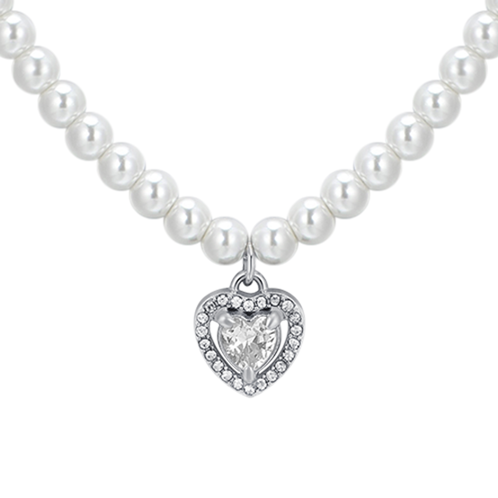 WOMEN'S STEEL PEARL AND WHITE ZIRCON HEART NECKLACE