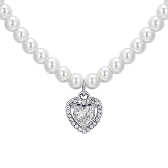 WOMEN'S STEEL PEARL AND WHITE ZIRCON HEART NECKLACE