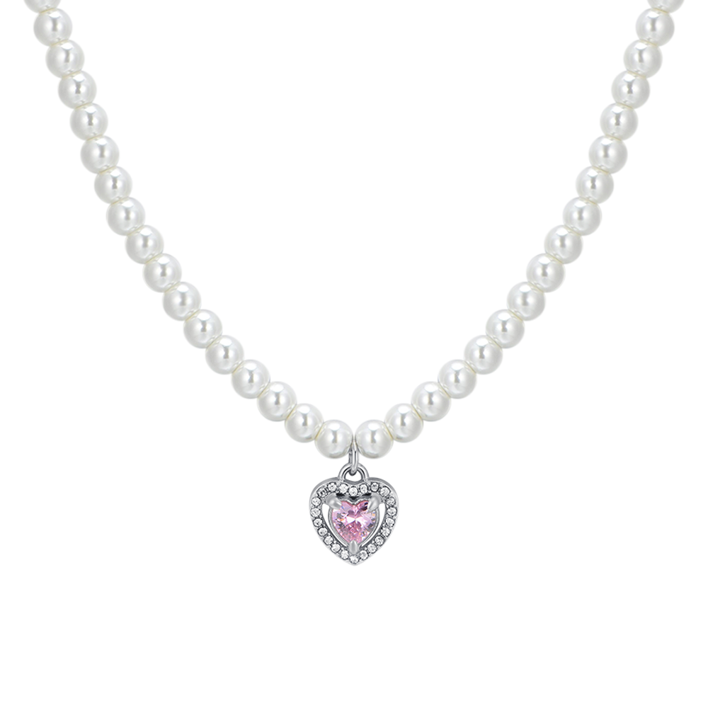 WOMAN'S NECKLACE IN STEEL PEARLS AND PINK ZIRCON HEART Luca Barra