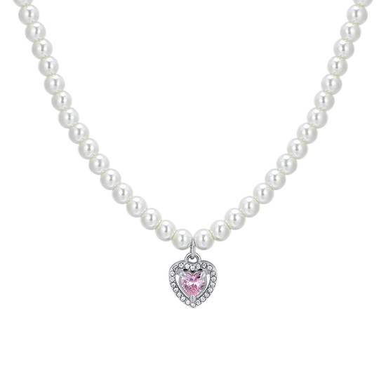 WOMAN'S NECKLACE IN STEEL PEARLS AND PINK ZIRCON HEART Luca Barra