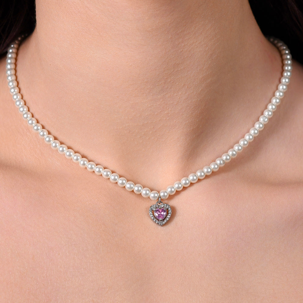 WOMAN'S NECKLACE IN STEEL PEARLS AND PINK ZIRCON HEART Luca Barra