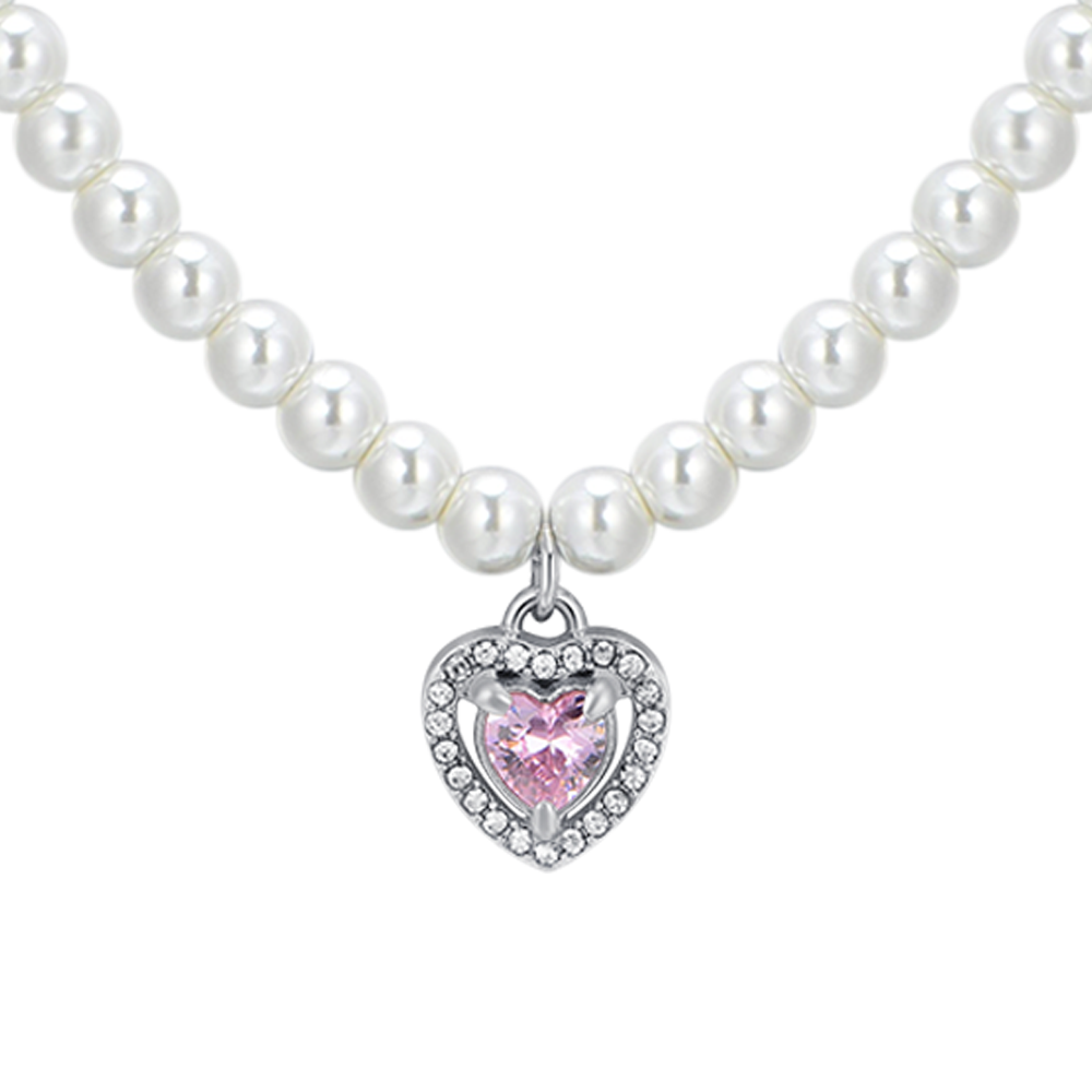 WOMEN'S STEEL PEARL AND PINK ZIRCON HEART NECKLACE