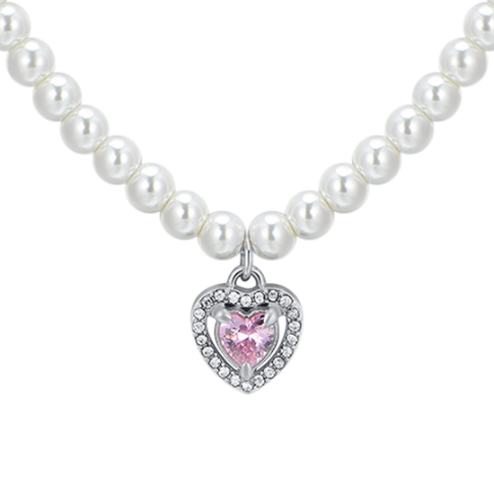 WOMEN'S STEEL PEARL AND PINK ZIRCON HEART NECKLACE