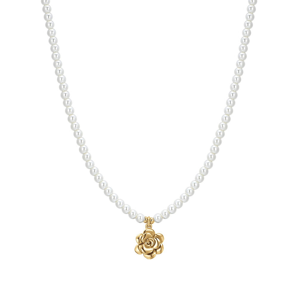 WOMEN'S STEEL IP GOLD PEARLS AND ROSE NECKLACE