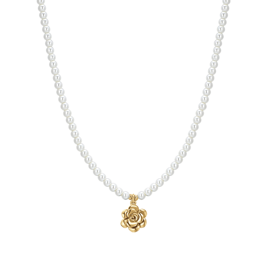 WOMEN'S STEEL IP GOLD PEARLS AND ROSE NECKLACE