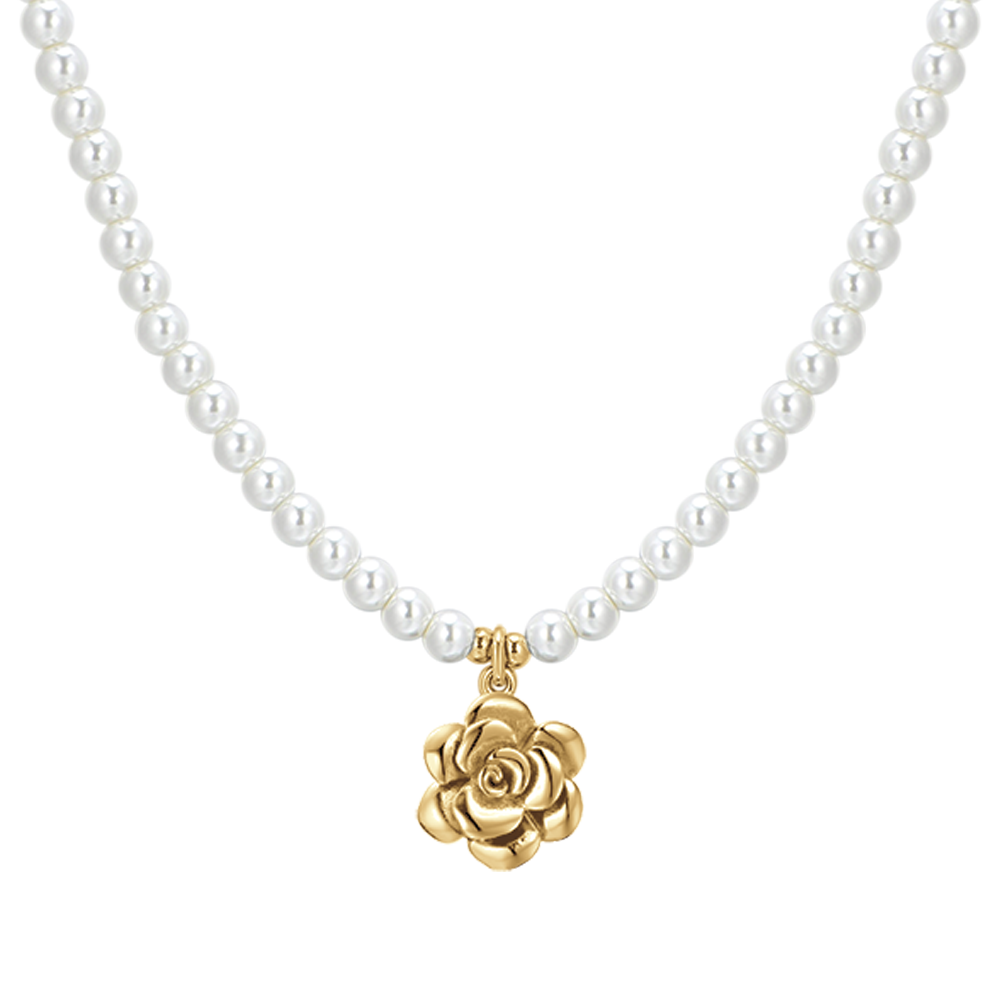 WOMEN'S STEEL IP GOLD PEARLS AND ROSE NECKLACE