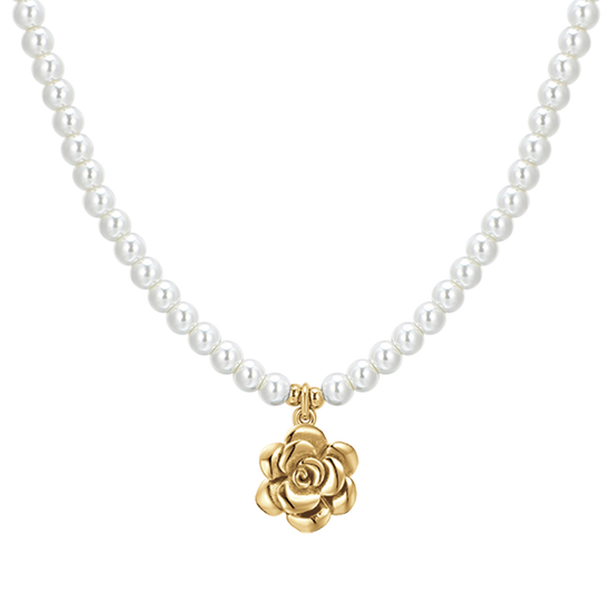 WOMEN'S STEEL IP GOLD PEARLS AND ROSE NECKLACE