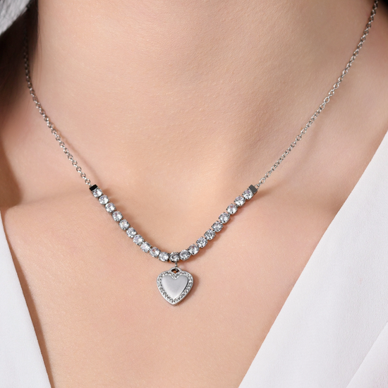 WOMEN'S STEEL HEART AND CUBIC ZIRCONIA TENNIS NECKLACE