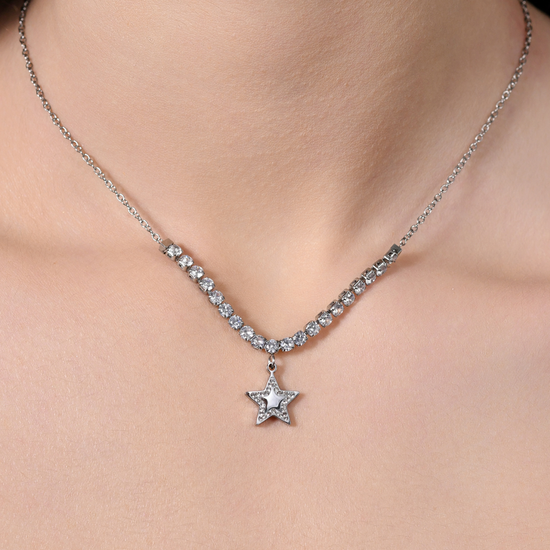 STEEL STAR AND CUBIC ZIRCONIA WOMEN'S TENNIS NECKLACE