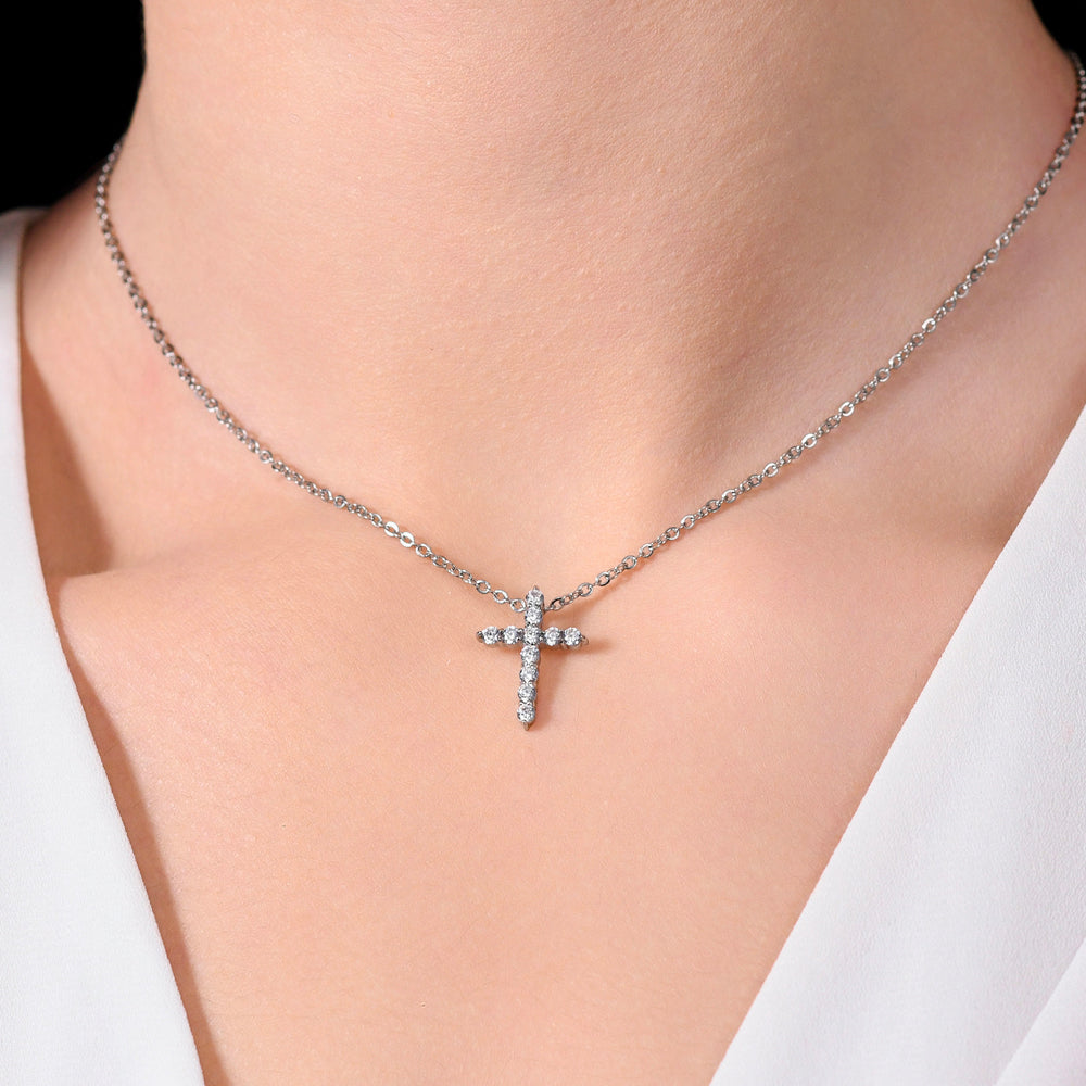 STEEL WOMEN'S NECKLACE CROSS WHITE CUBIC ZIRCONIA