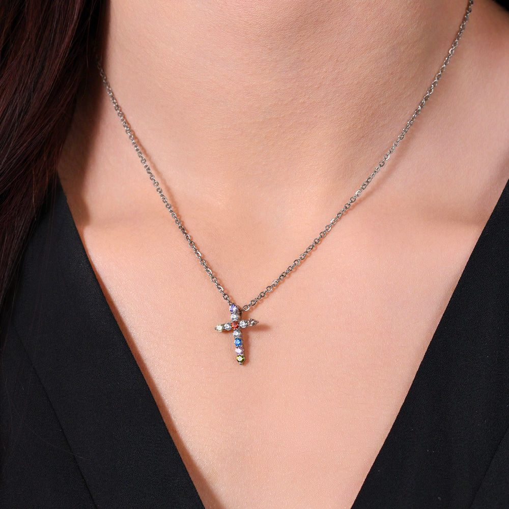 WOMEN'S STEEL CROSS CUBIC ZIRCONIA NECKLACE MUTICOLOR