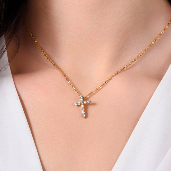 IP GOLD STEEL WOMEN'S NECKLACE CROSS WHITE CUBIC ZIRCONIA