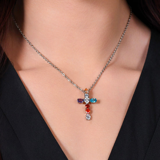 WOMEN'S STEEL CROSS CUBIC ZIRCONIA NECKLACE MUTICOLOR