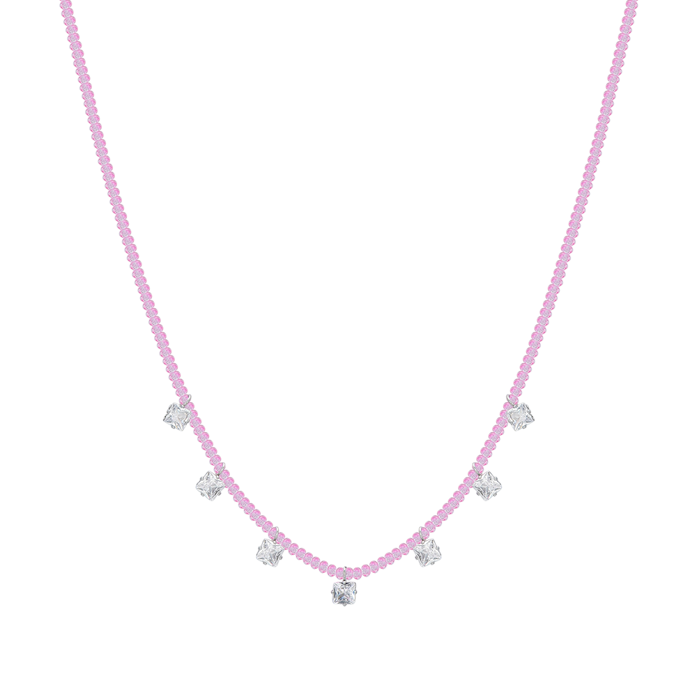 WOMEN'S STEEL NECKLACE PINK CRYSTALS AND WHITE CUBIC ZIRCONIA