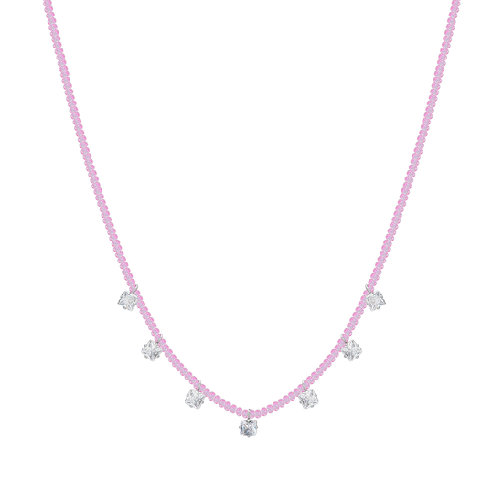 WOMEN'S STEEL NECKLACE PINK CRYSTALS AND WHITE CUBIC ZIRCONIA
