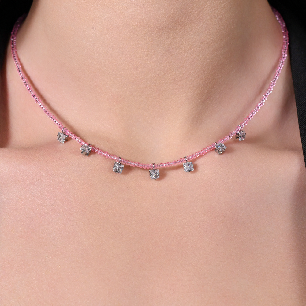 WOMEN'S STEEL NECKLACE PINK CRYSTALS AND WHITE CUBIC ZIRCONIA