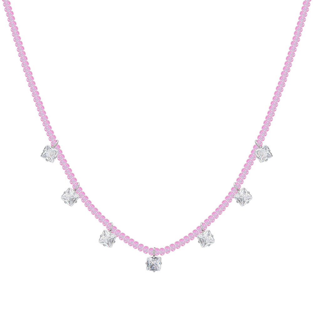 WOMEN'S STEEL NECKLACE PINK CRYSTALS AND WHITE CUBIC ZIRCONIA