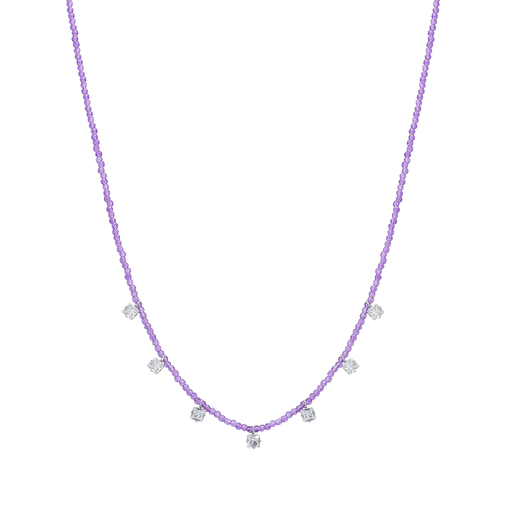 WOMEN'S STEEL NECKLACE PURPLE CRYSTALS AND WHITE CUBIC ZIRCONIA