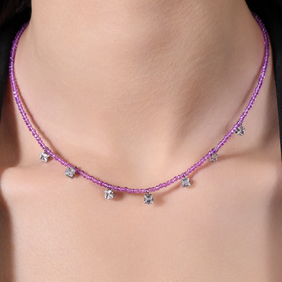WOMEN'S STEEL NECKLACE PURPLE CRYSTALS AND WHITE CUBIC ZIRCONIA