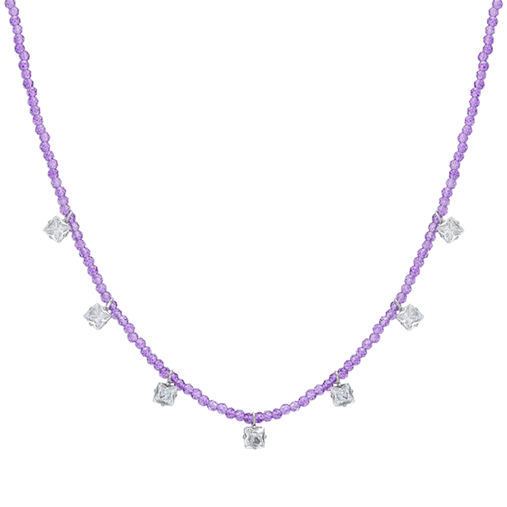 WOMEN'S STEEL NECKLACE PURPLE CRYSTALS AND WHITE CUBIC ZIRCONIA