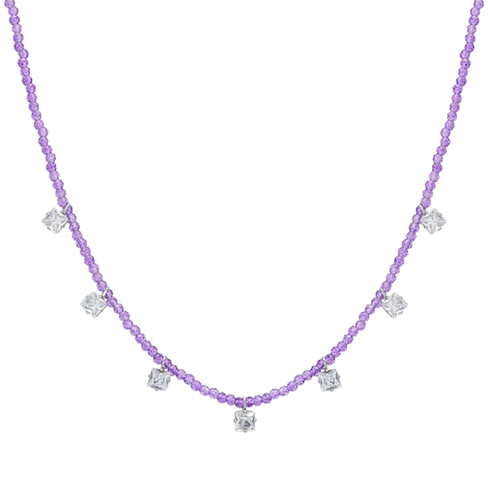 WOMEN'S STEEL NECKLACE PURPLE CRYSTALS AND WHITE CUBIC ZIRCONIA