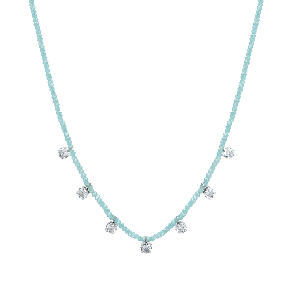 WOMEN'S STEEL NECKLACE TURQUOISE CRYSTALS AND WHITE CUBIC ZIRCONIA