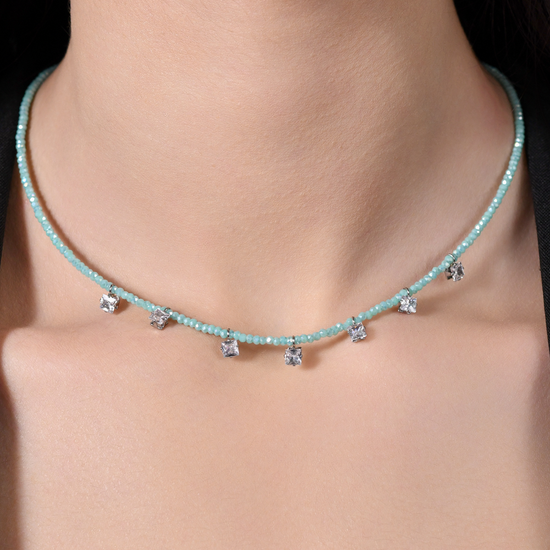 WOMEN'S STEEL NECKLACE TURQUOISE CRYSTALS AND WHITE CUBIC ZIRCONIA
