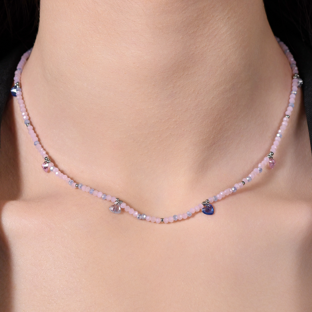 WOMEN'S STEEL NECKLACE PINK STONES AND MULTICOLOR CRYSTALS