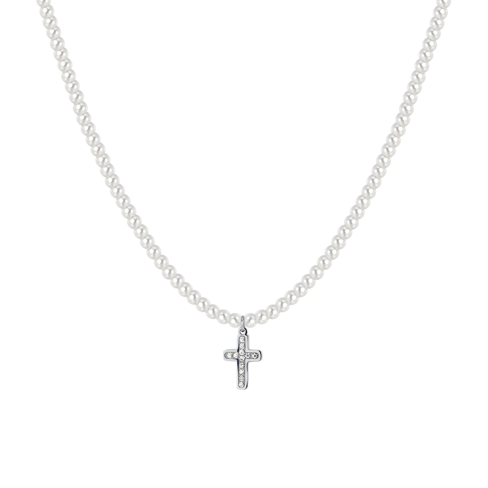 WOMAN'S NECKLACE IN STEEL PEARLS AND CROSS Luca Barra