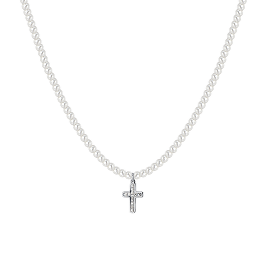 WOMAN'S NECKLACE IN STEEL PEARLS AND CROSS Luca Barra