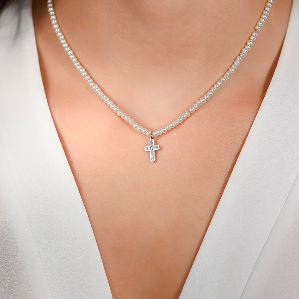 WOMAN'S NECKLACE IN STEEL PEARLS AND CROSS Luca Barra