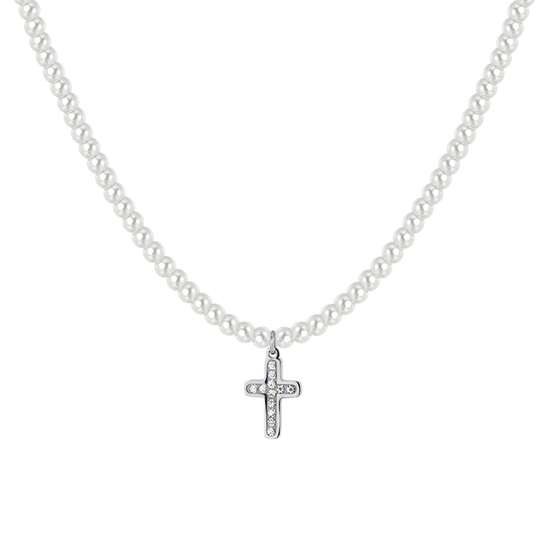 WOMEN'S STEEL PEARLS AND CROSS NECKLACE