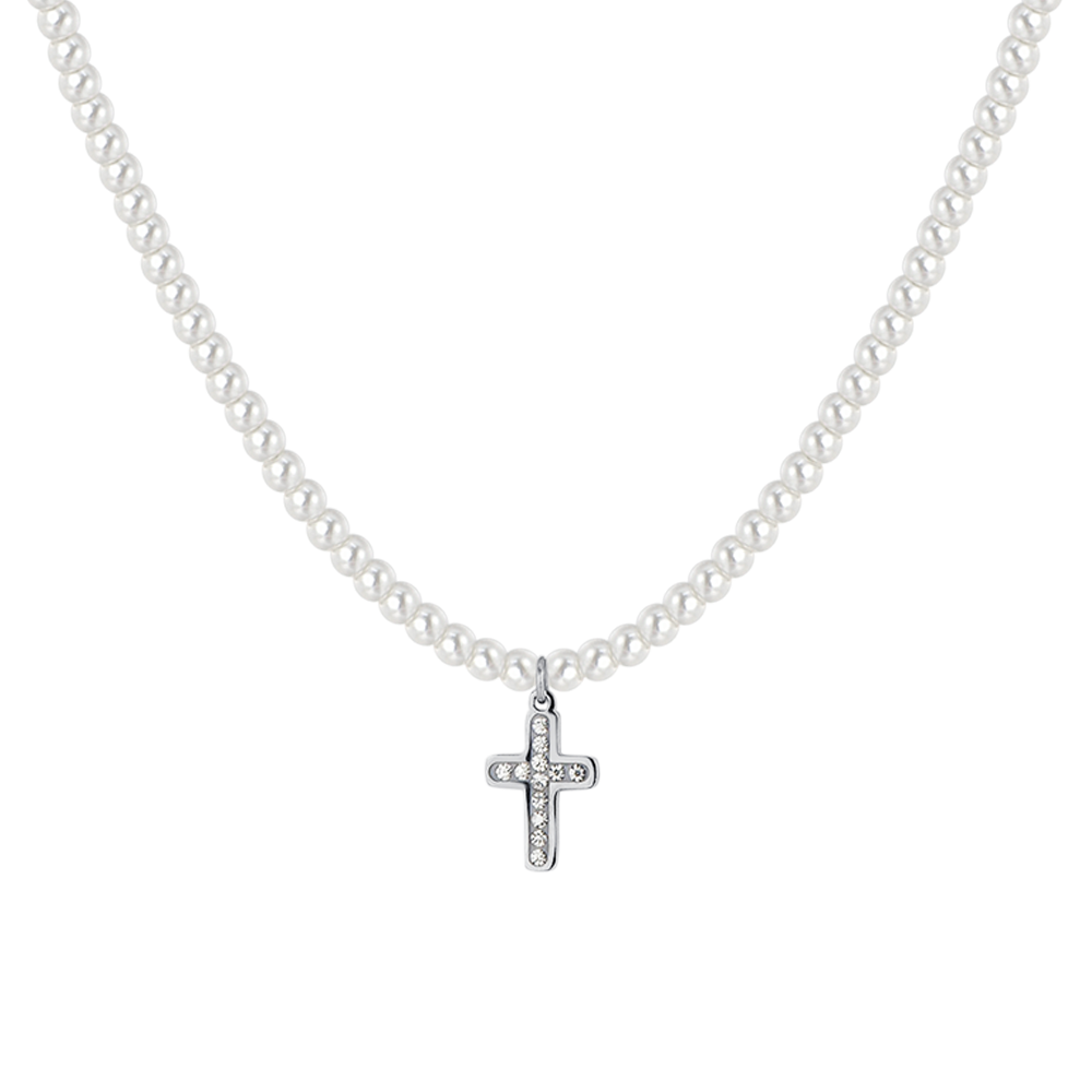 WOMEN'S STEEL PEARLS AND CROSS NECKLACE