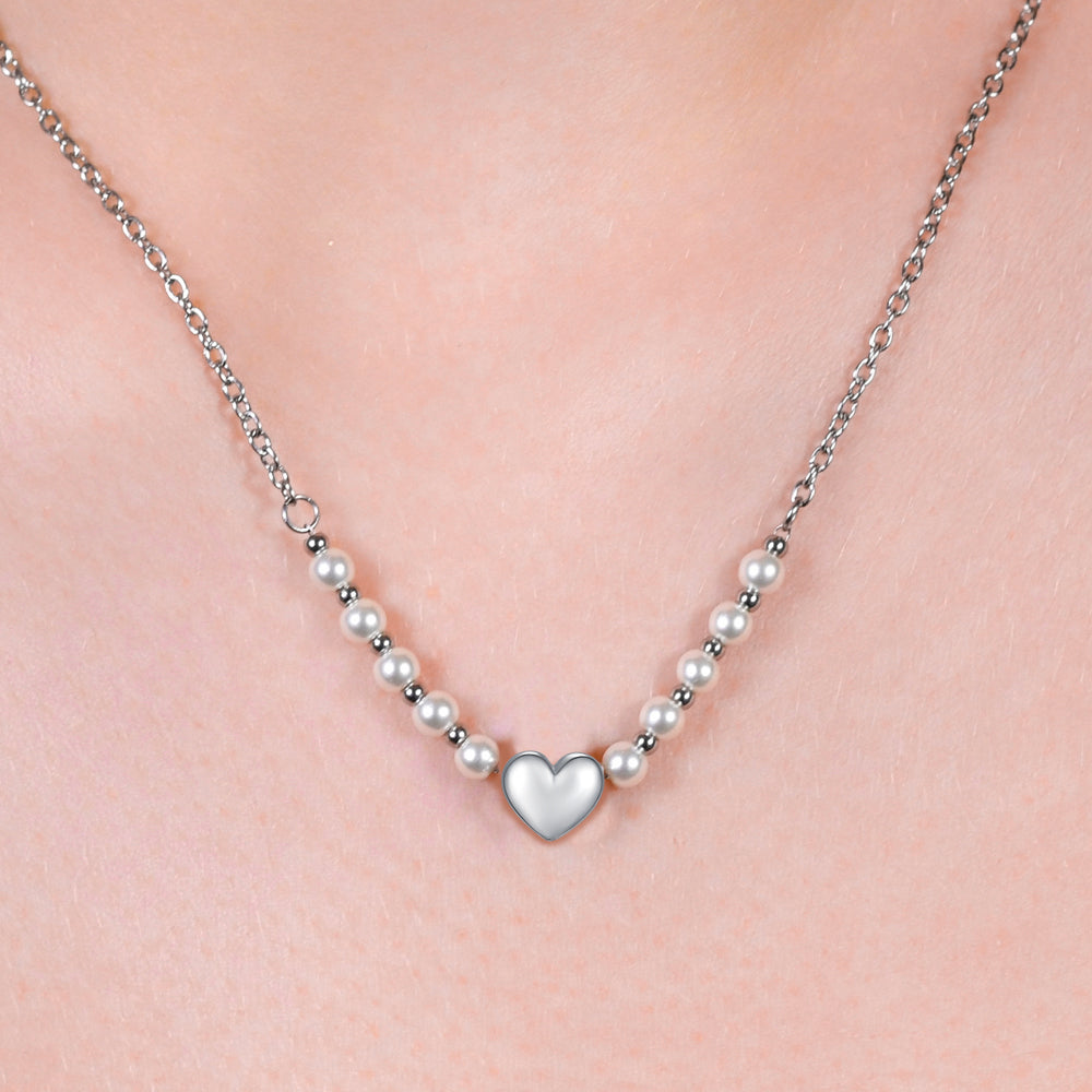 COLLANA DONNA IN ACCIAIO E PERLE BIANCHE CON CUORE