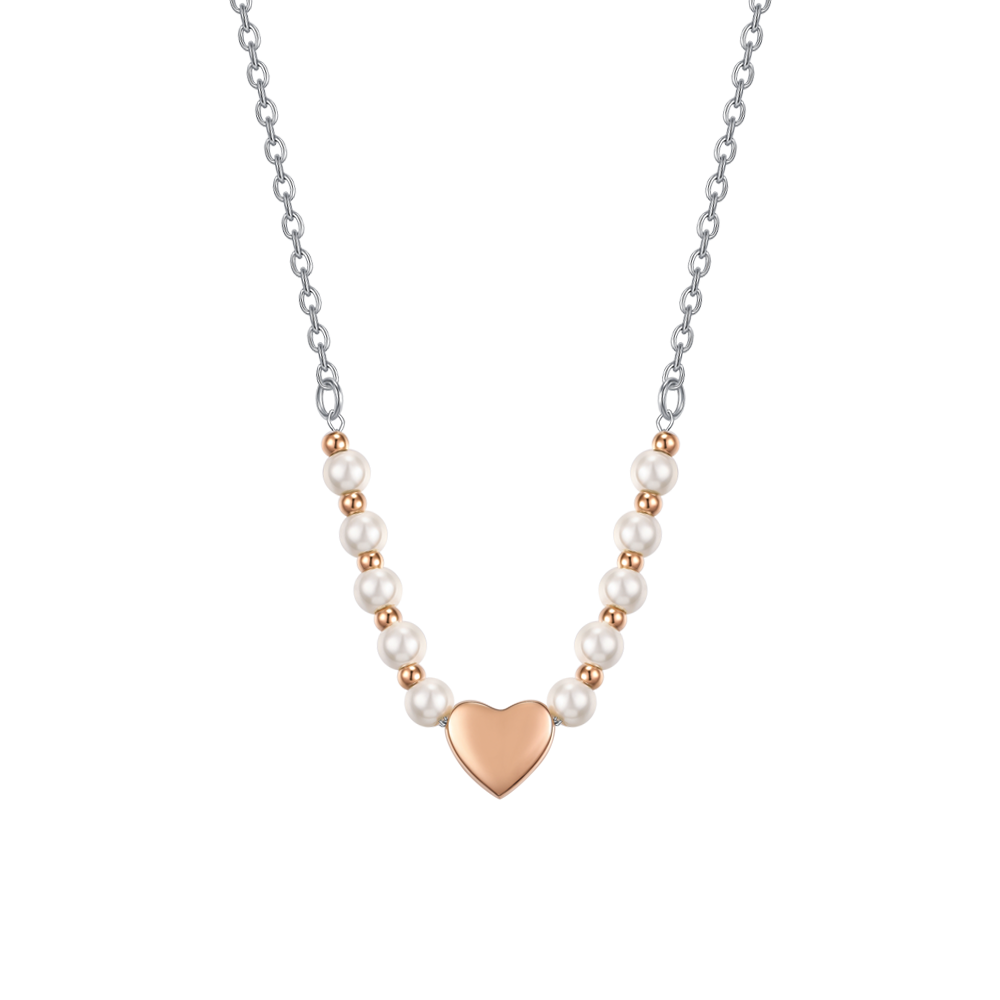 COLLANA DONNA IN ACCIAIO IP GOLD E PERLE BIANCHE CON CUORE IP ROSE