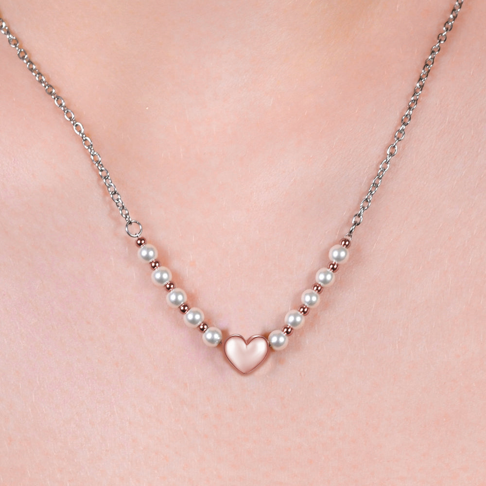 COLLANA DONNA IN ACCIAIO IP GOLD E PERLE BIANCHE CON CUORE IP ROSE