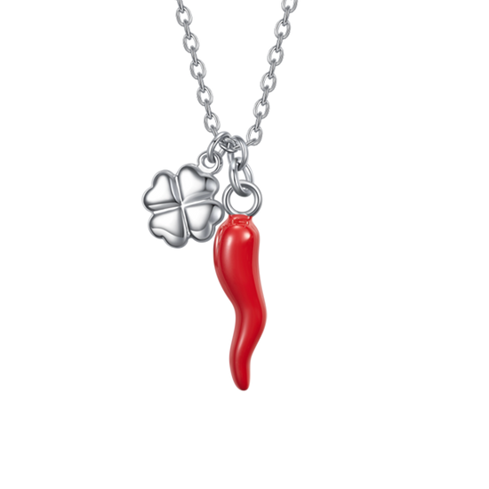 COLLANA DONNA IN ACCIAIO CON CORNO ROSSO E QUADRIFOGLIO