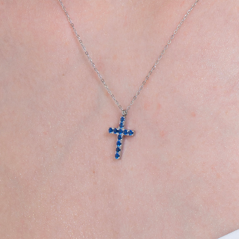 COLLANA DONNA IN ACCIAIO CON CROCE E ZIRCONI BLU