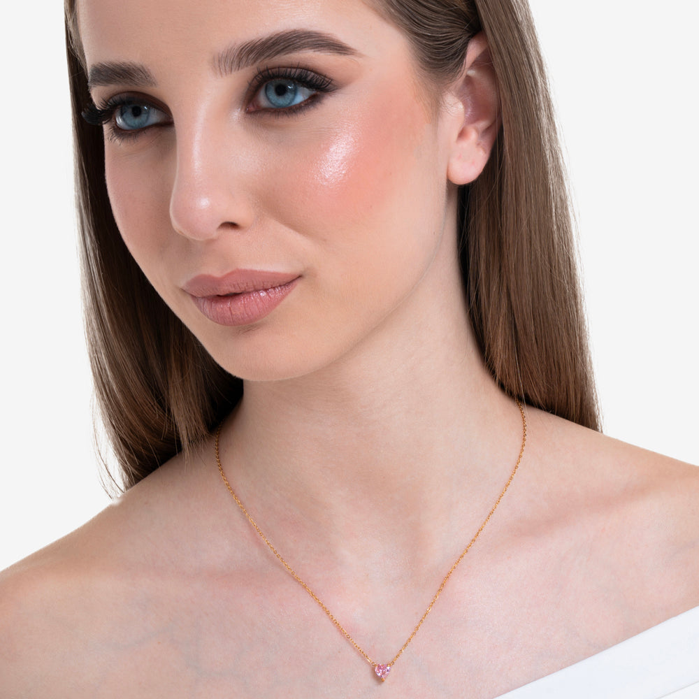 COLLANA DONNA IN ACCIAIO E IP GOLD CON CUORE CRISTALLO ROSA