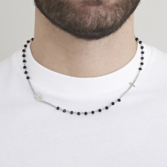 MEN'S STEEL ROSARY NECKLACE WITH BLACK CRYSTALS